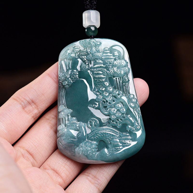 Vintage Fashion Women - Natural Burmese Jadeite Scenery Pendant Necklace