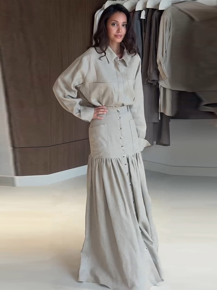 Vintage Fashion Outfits Men - Vintage Solid Shirt Skirt Women Set