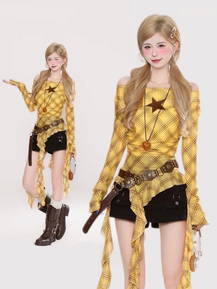 Y2K Plaid Slash Neck Vintage T - Vintage Fashion Women 评论和价格