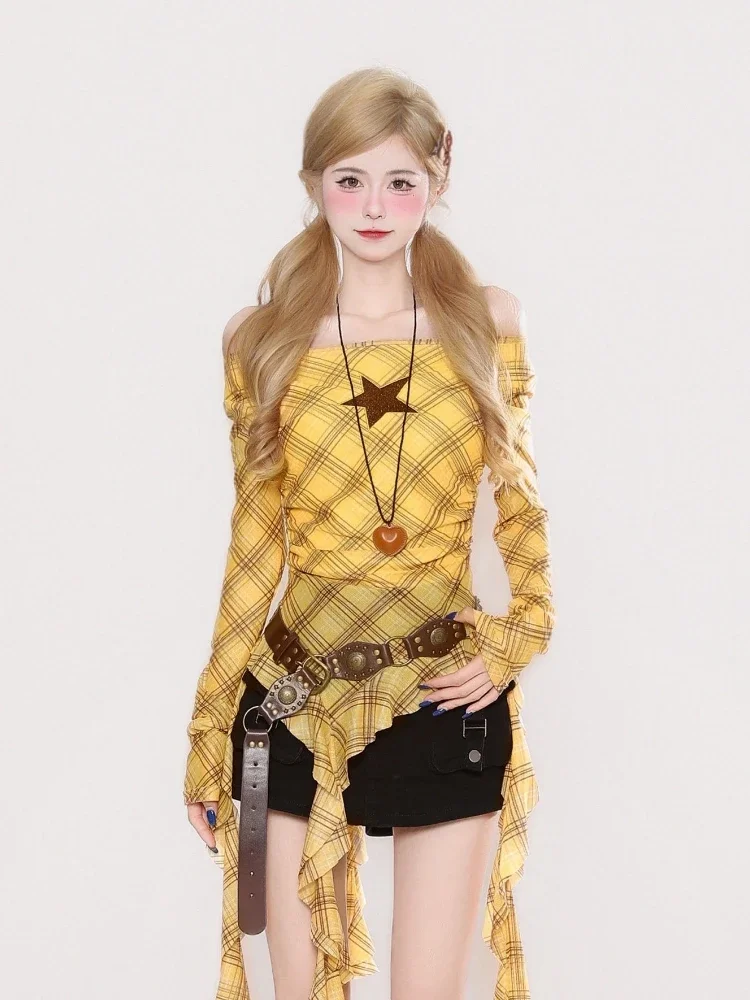 Y2K Plaid Slash Neck Vintage T - Vintage Fashion Women 评论和价格