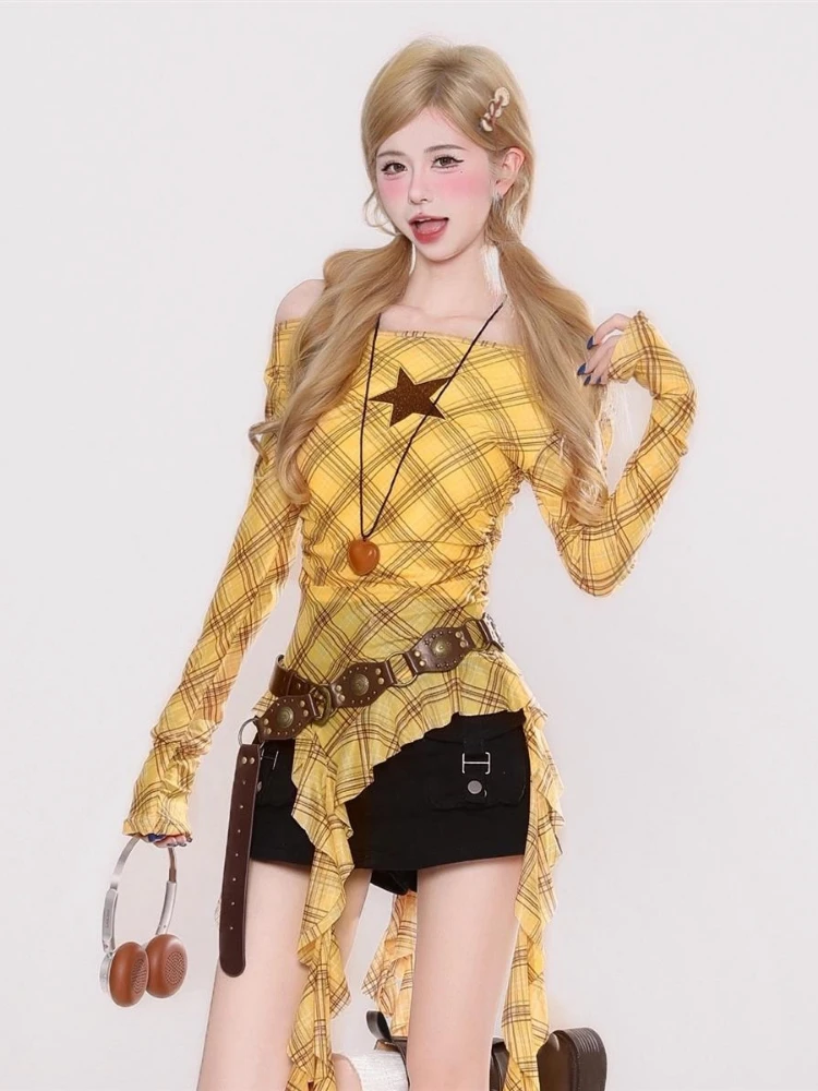 Y2K Plaid Slash Neck Vintage T - Vintage Fashion Women 评论和价格